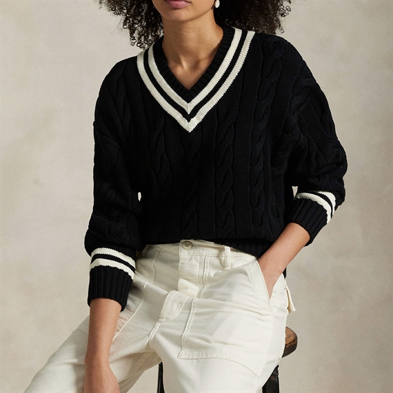Polo Ralph Lauren Aran-Knit Cotton Cricket Jumper, Polo Black/Cream